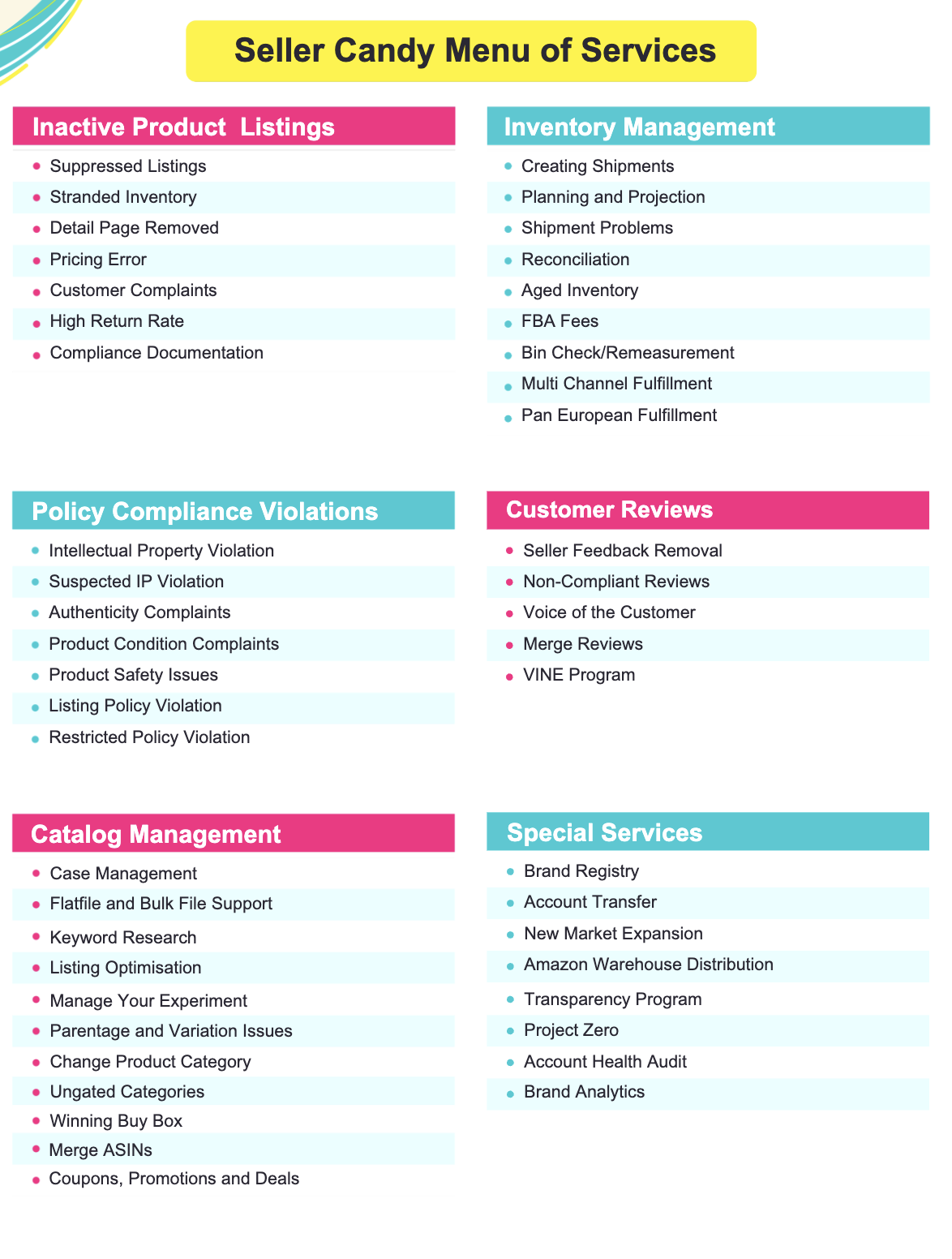Seller Candy Menu of Services